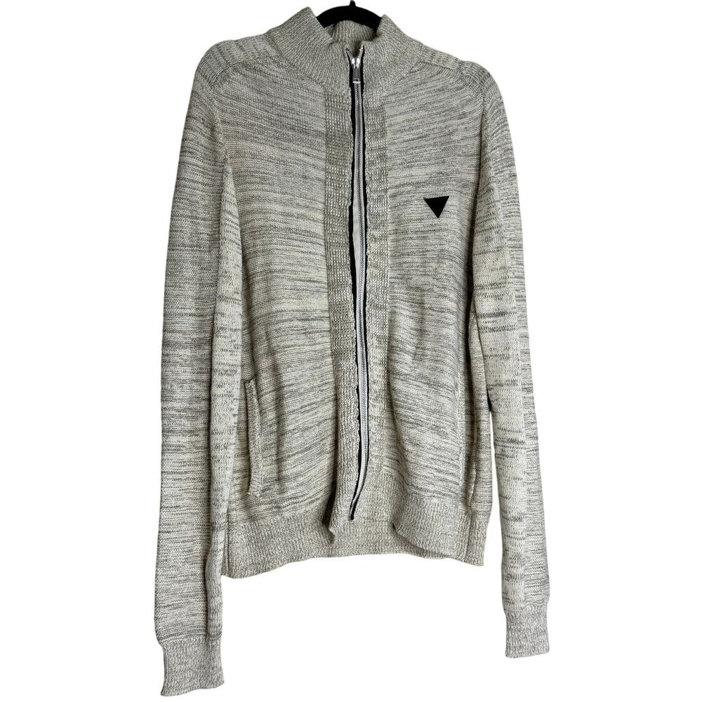 Guess Los Angeles Full Zip Sweater Mens XL Gray Knitted Long Sleeve Mock Neck